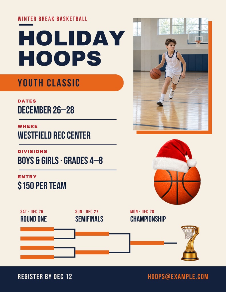 Portrait basketball tournament flyer with a youth player, hoop, trophy, and holiday basketball theme
