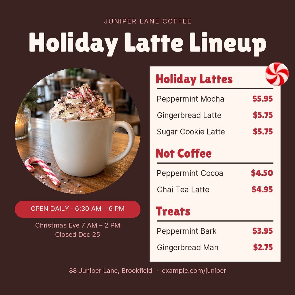 Square coffee shop menu featuring holiday lattes, treats, prices, and a peppermint candy accent.