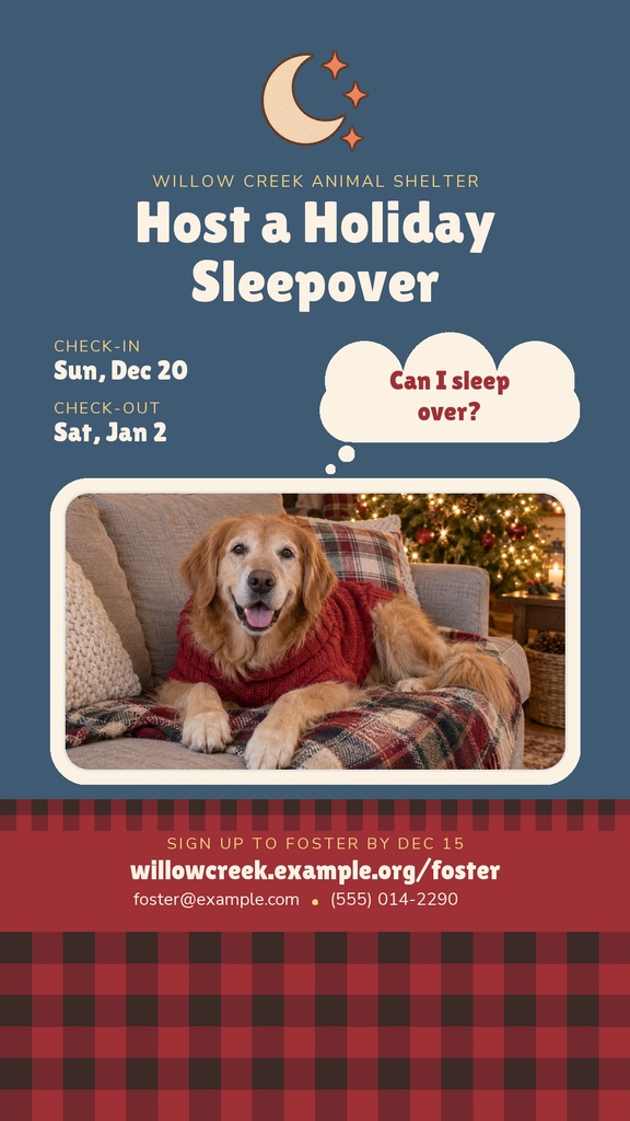 Instagram story template with a dog photo, holiday sleepover message, and animal shelter details.