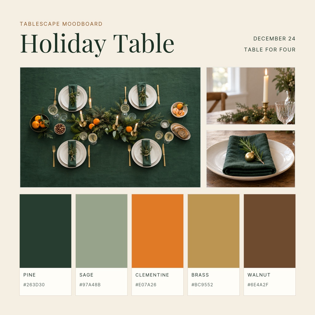 Square collage showing a holiday table tablescape, inset decor photos, and a green, orange, gold, and brown color palette.