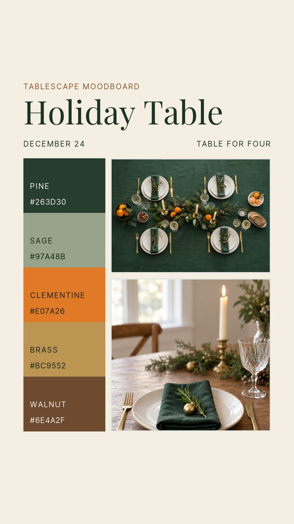 Vertical moodboard showing a holiday table, color palette blocks, and festive place settings.