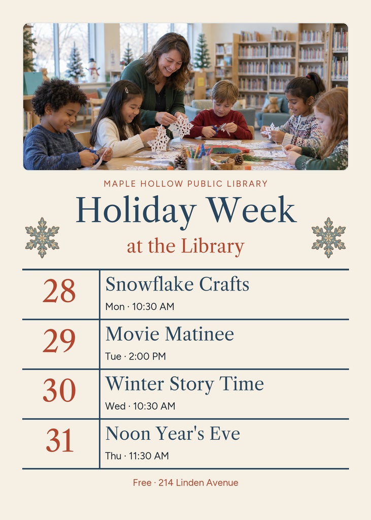 Library holiday week invitation with children crafting, winter event schedule, and snowflake decorations.