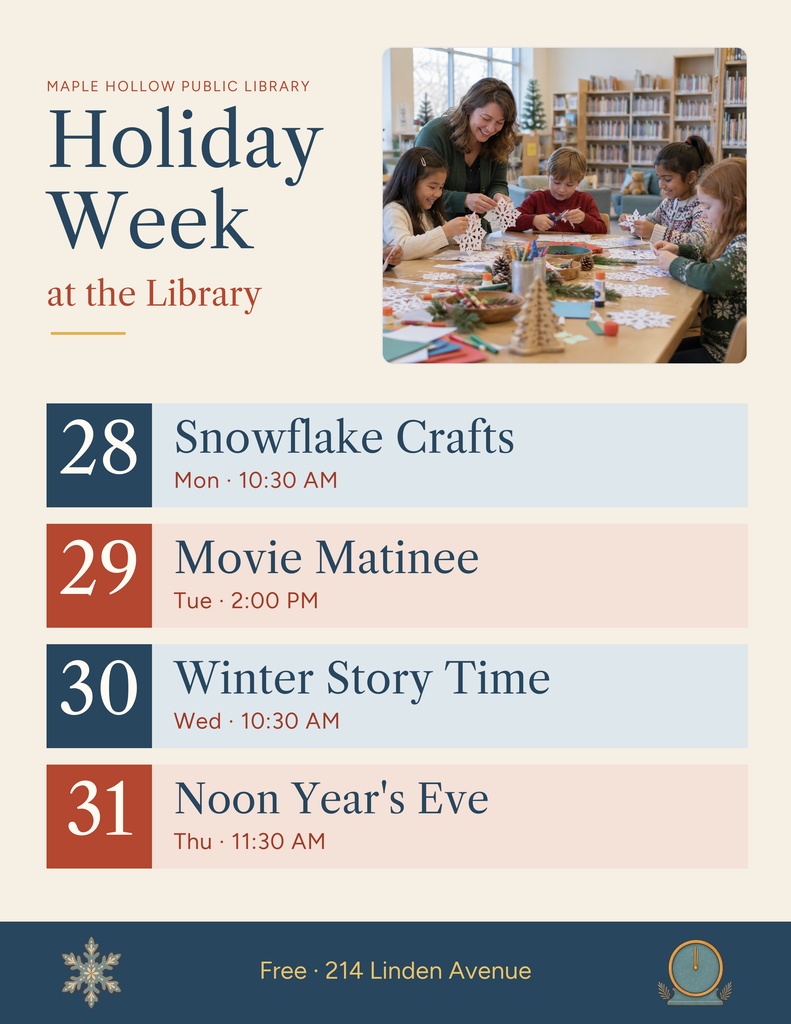 Portrait library flyer with holiday week event schedule, photos of kids crafting, and winter-themed accents.