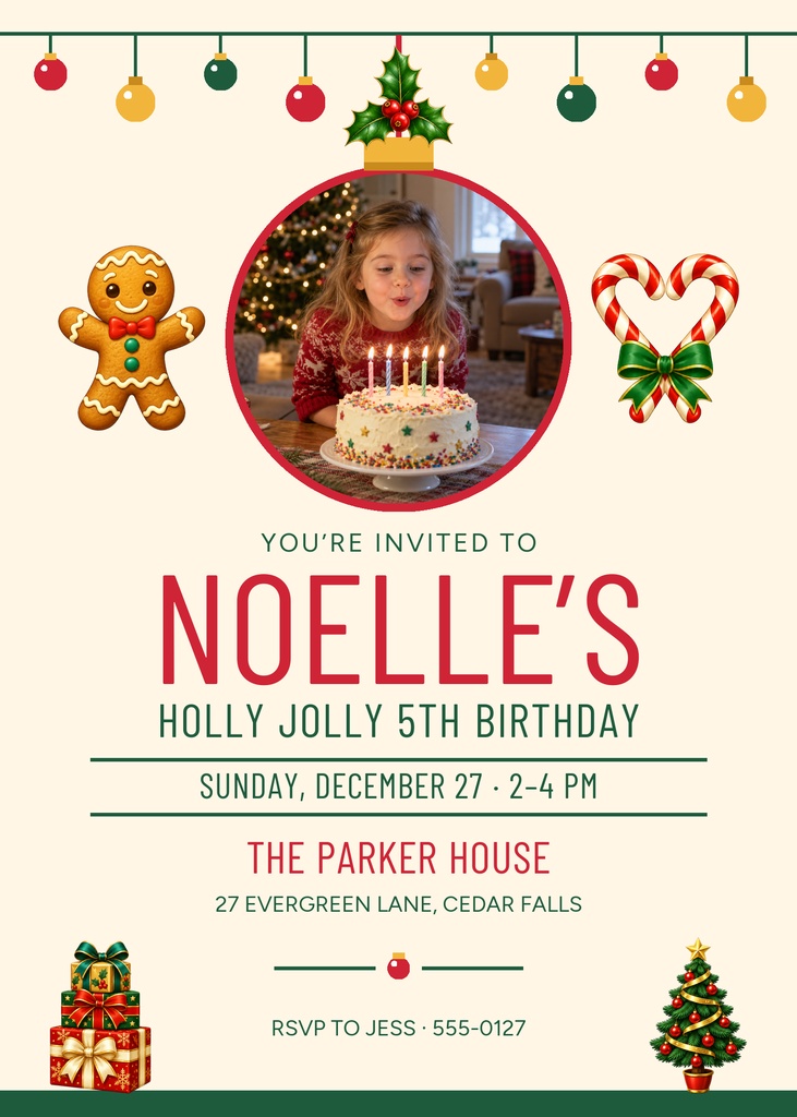 Festive invitation with Christmas ornaments, a gingerbread man, candy cane, presents, and a child with a birthday cake