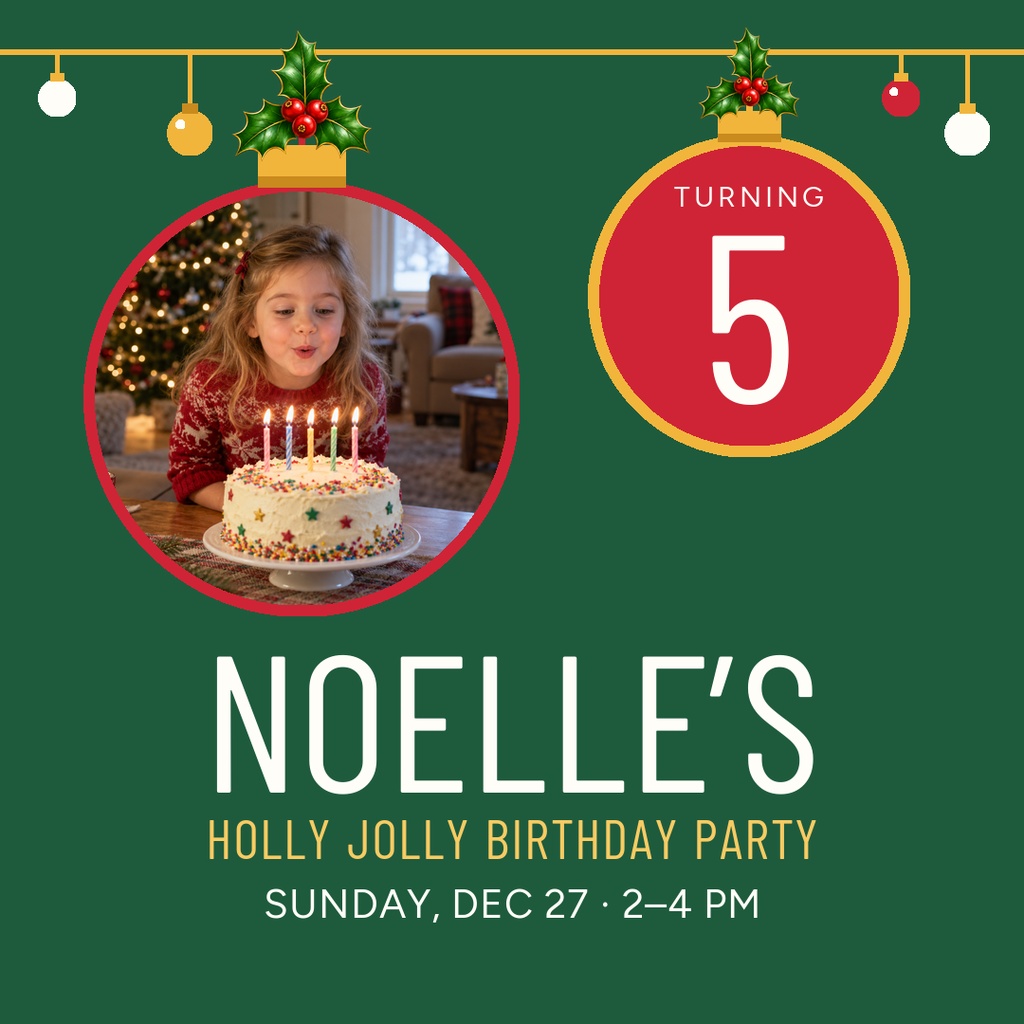 Square birthday invitation with a child photo, red ornament-style five, and green holiday background.