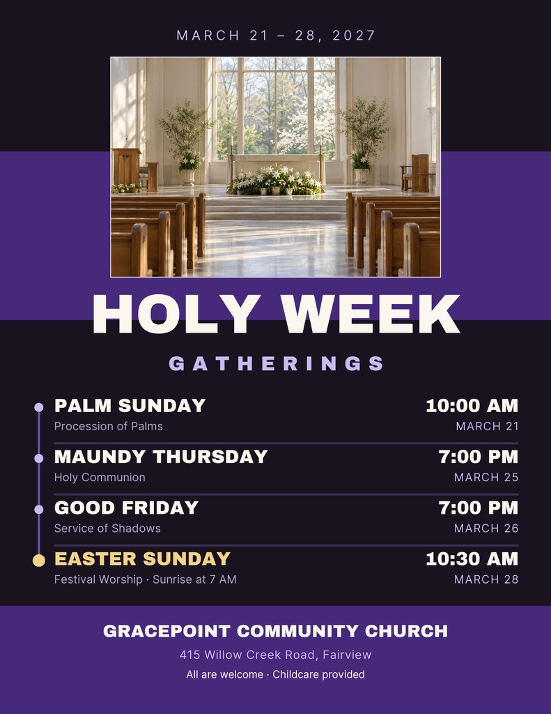 Portrait church flyer with purple sections, a sanctuary photo, and Holy Week service times.