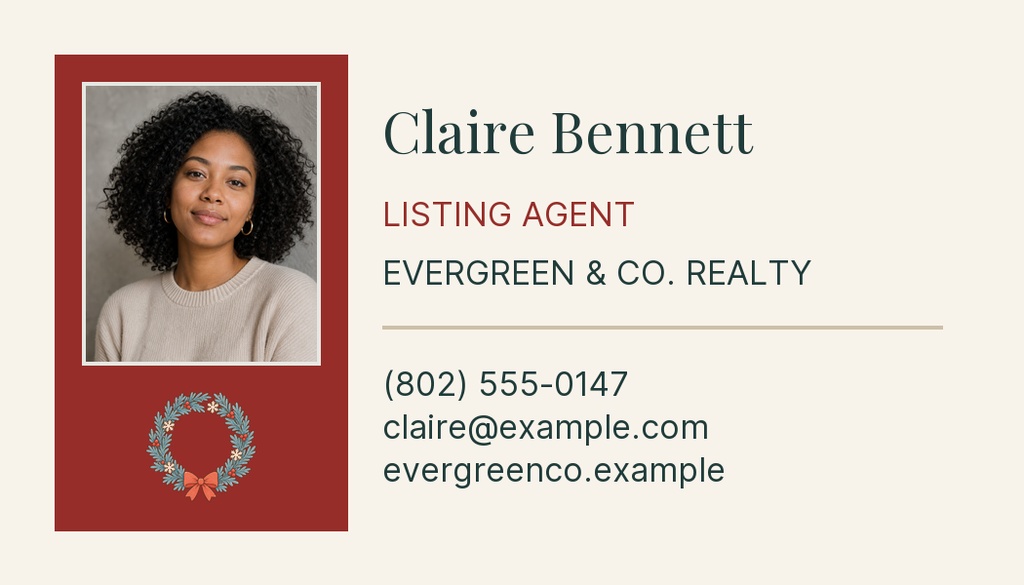 Real estate contact card with agent portrait, holiday wreath, and listing details on a red background.
