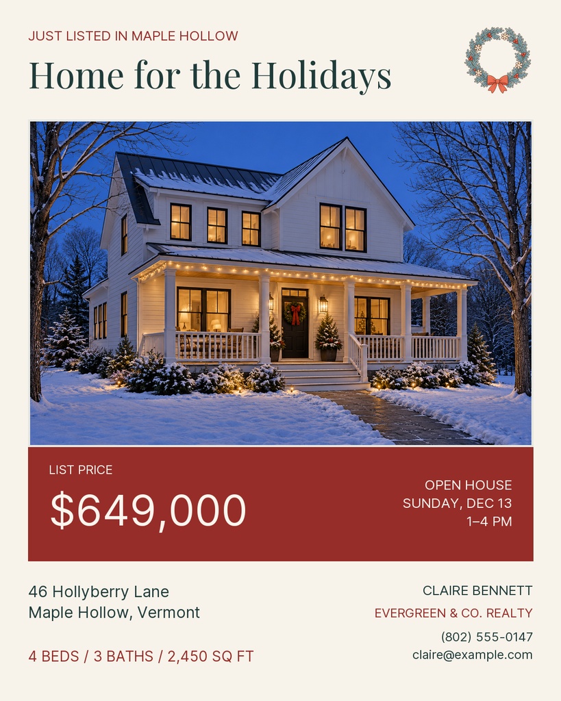 Portrait real estate flyer with a winter house photo, holiday wreath, price, and open house details.