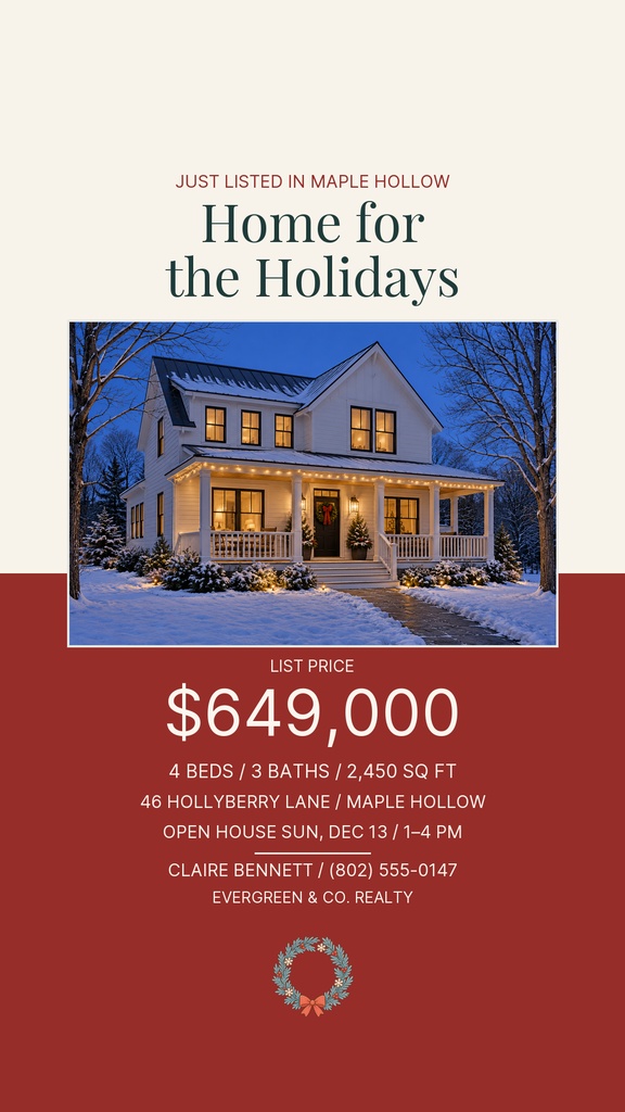 Portrait real estate story template showing a house photo and holiday listing text.
