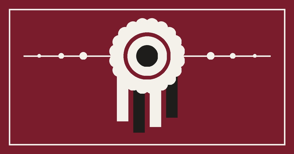 Maroon landscape template with a white ribbon emblem and thin decorative line with dots.