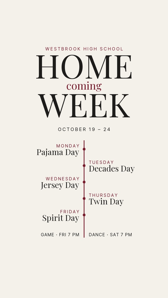 Minimal homecoming week schedule poster with dates, spirit day themes, and game times on a light background.