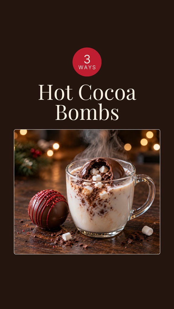 Portrait cover with hot cocoa bombs title, a 3 ways badge, and a cup of hot chocolate beside a chocolate bomb.
