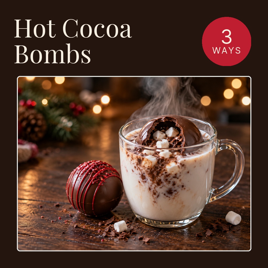 Hot cocoa bomb in a mug beside a cocoa bomb on a wooden table with festive lights