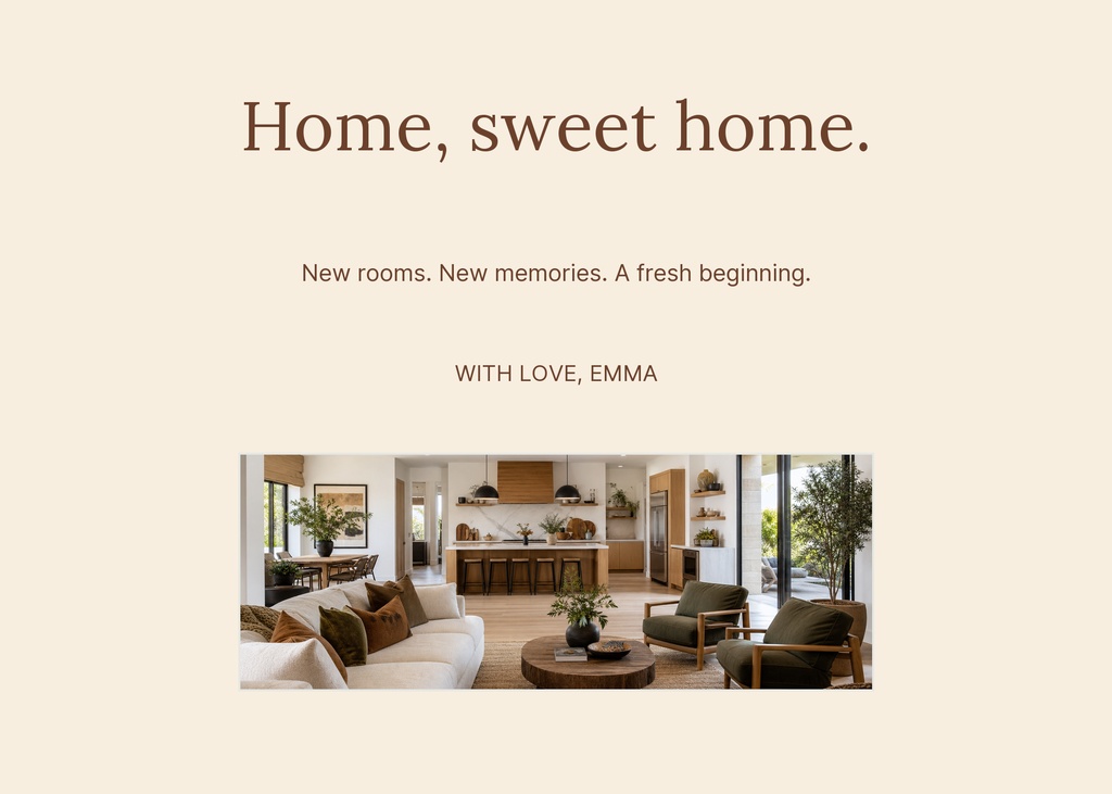 Minimal landscape housewarming card with home sweet home message and living room photo