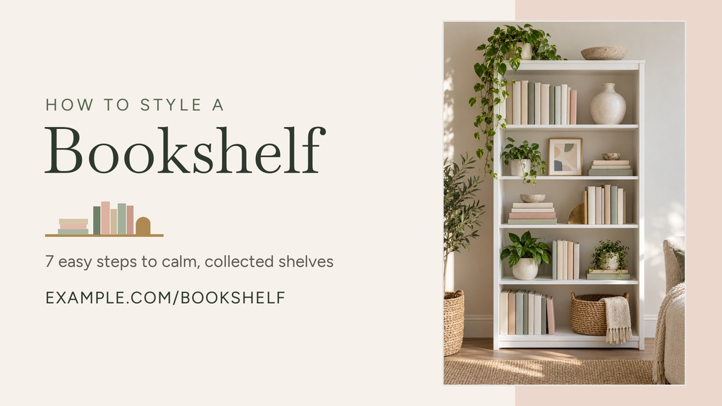 Minimal bookshelf styling graphic with text beside a decorated shelf and plants