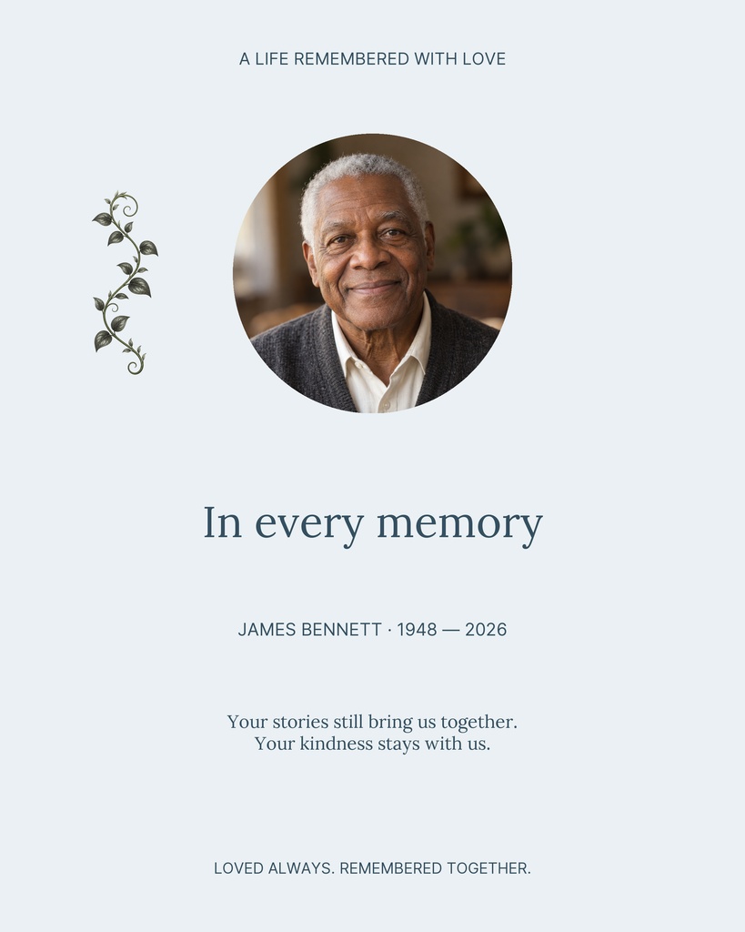Portrait memorial card with a circular photo, floral accent, and remembrance text on a light background