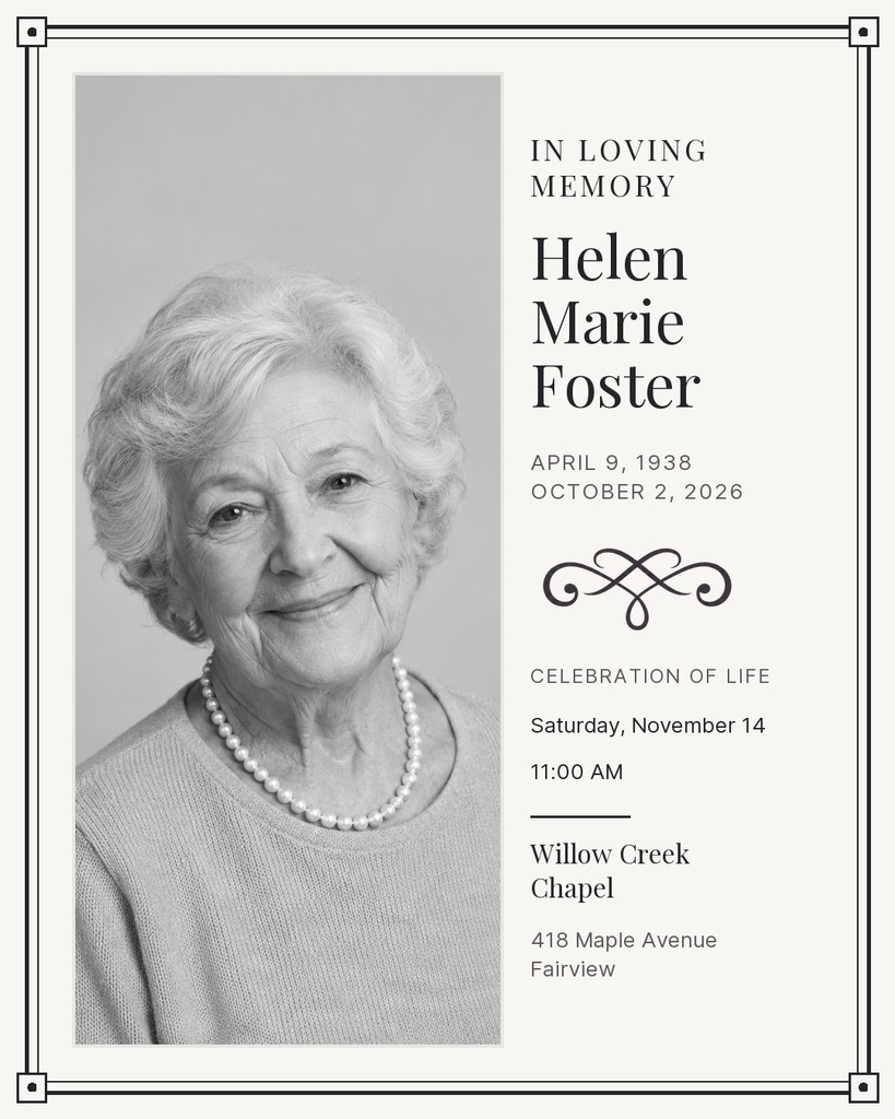 Black and white memorial portrait flyer with an elderly woman's photo and remembrance text.