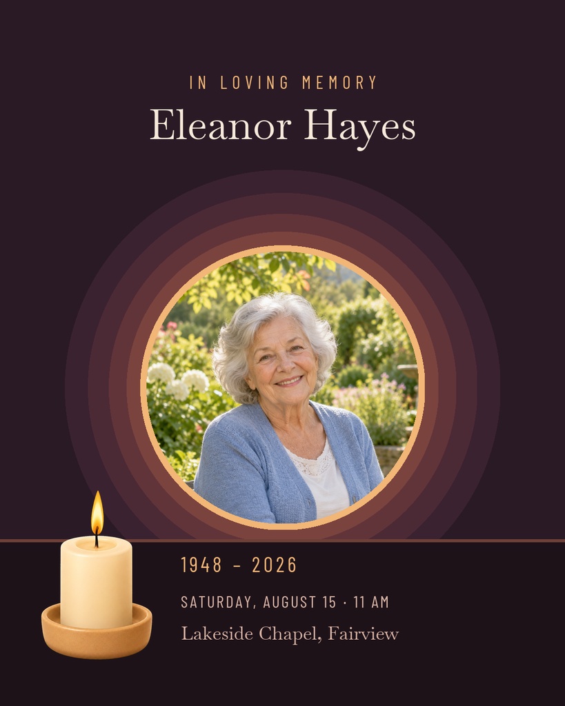 Memorial portrait post with a candle, framed smiling woman photo, and elegant remembrance text.