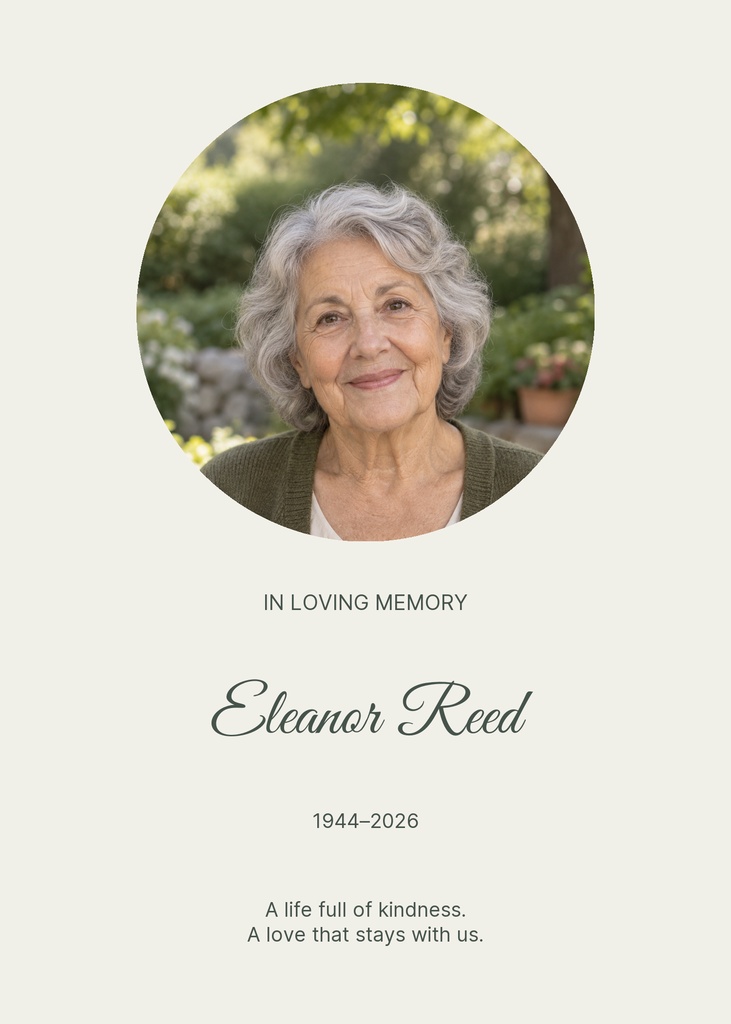 Portrait memorial card with a circular elderly woman photo and in loving memory text.