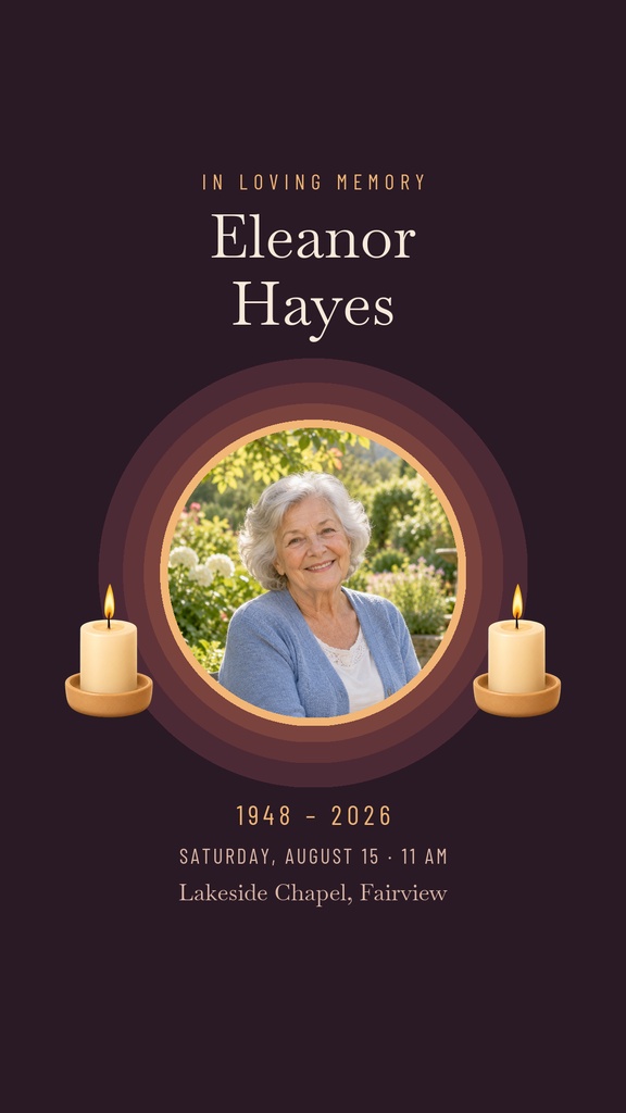 Memorial template with a portrait of an elderly woman, candles, and a dark purple background.