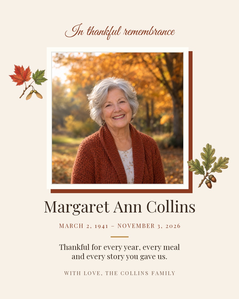 Memorial portrait post with a smiling woman, autumn leaves, and the words In thankful remembrance.