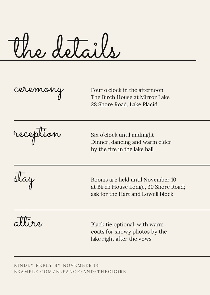 Minimalist ivory wedding details card with black script headings and ceremony, reception, stay, and attire information.