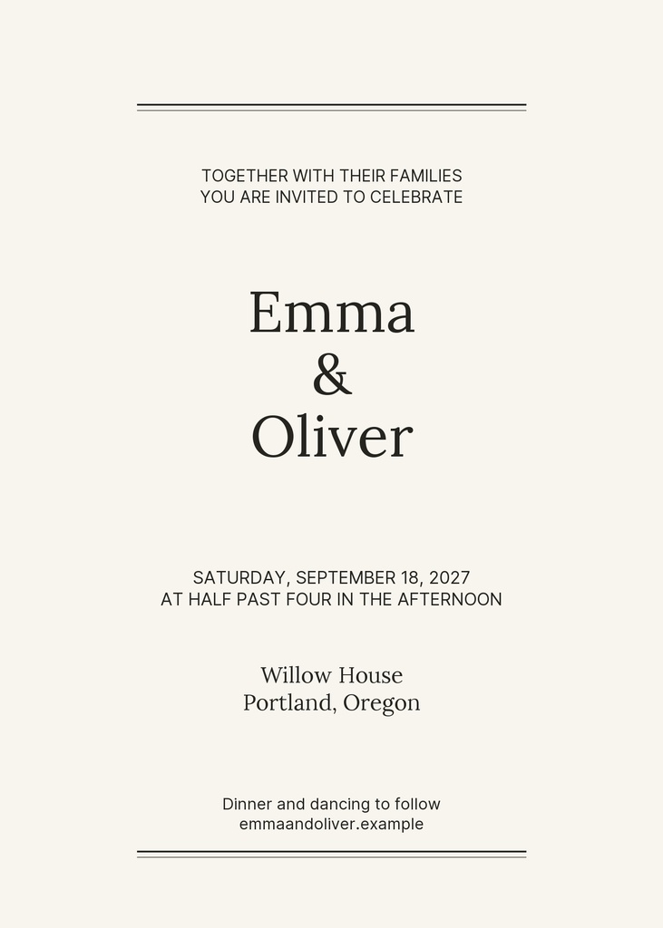 Minimal ivory wedding invitation with centered black text and thin horizontal lines.