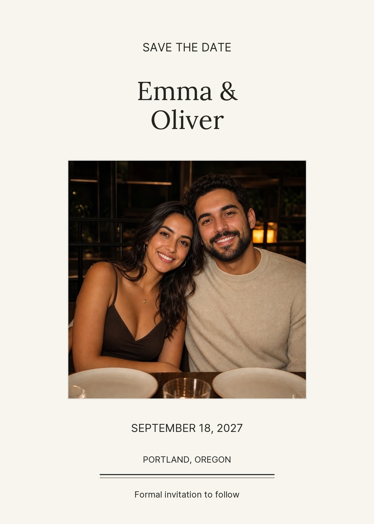 Minimal save the date design with a couple photo, names Emma and Oliver, and event details on an ivory background.