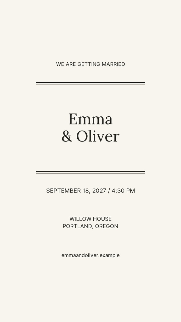 Minimal ivory wedding story opener with centered text for Emma and Oliver and event details.