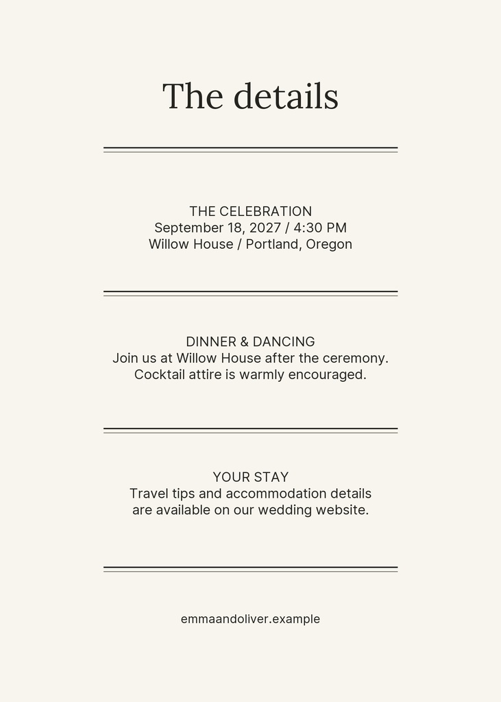 Minimal ivory wedding details card with centered text and thin divider lines.