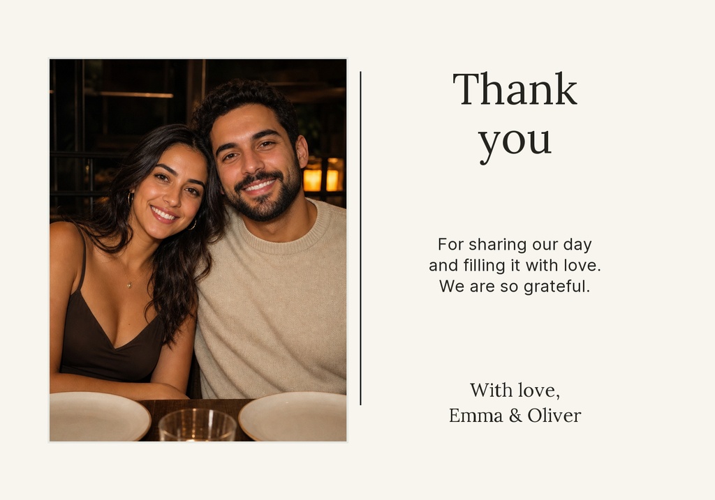 Minimal ivory thank you card with a couple photo on the left and thank you text on the right