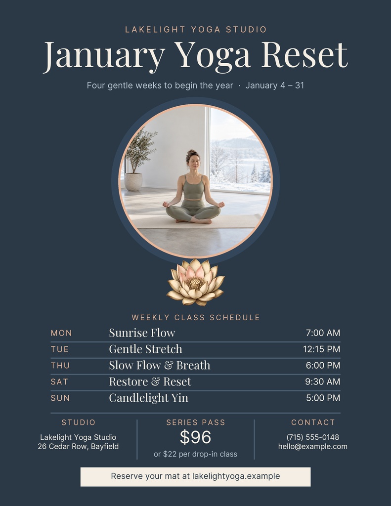 Portrait flyer with January Yoga Reset title, yoga class schedule, meditating woman, and lotus graphic.