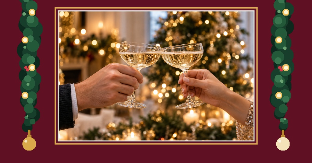 Two people clink champagne glasses in front of festive holiday lights and maroon borders.