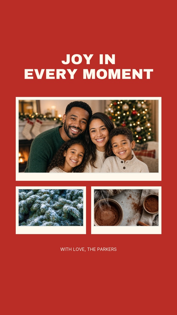 Red Instagram story with family photo collage and the words Joy in Every Moment.