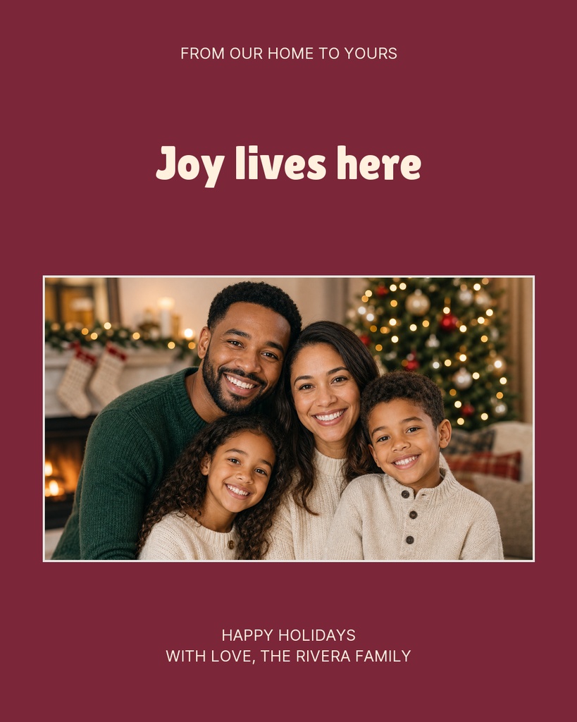 Christmas family photo card with maroon background, holiday greeting, and smiling family portrait