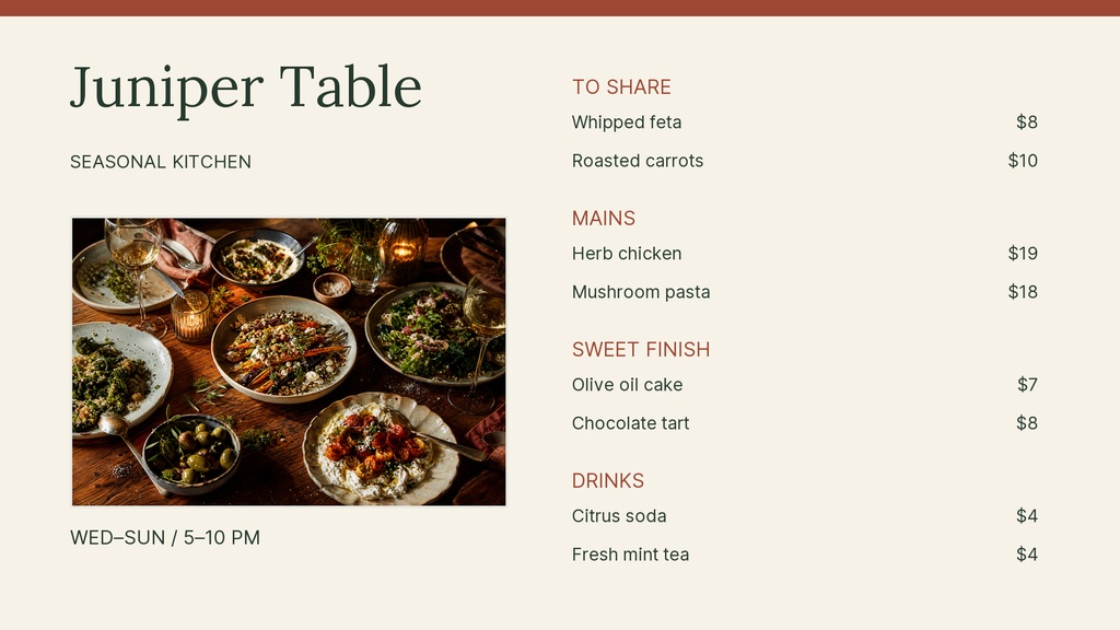 Landscape menu board with Juniper Table heading, seasonal kitchen subtitle, food photos, and item prices.