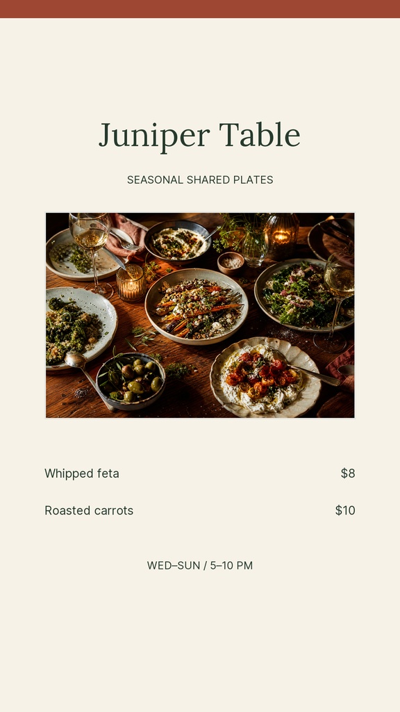 Portrait restaurant story template with Juniper Table title, food photo, and simple menu items on a light background.
