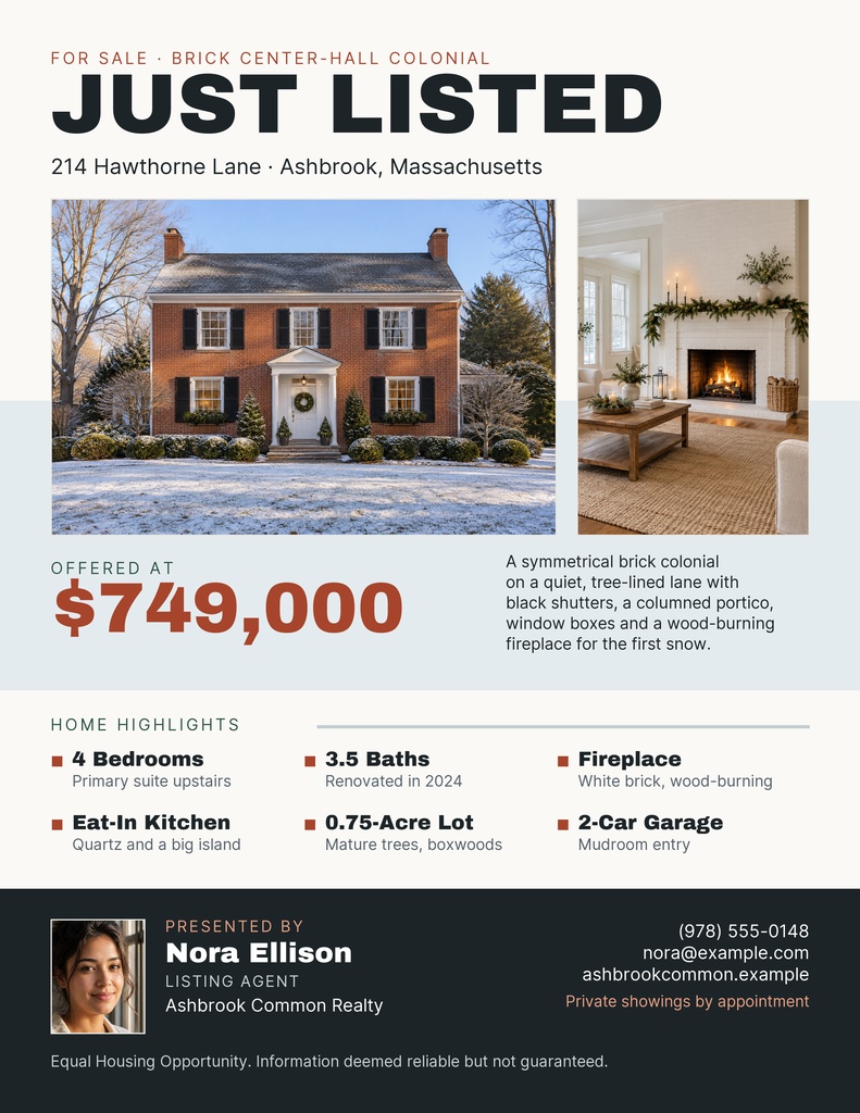 Portrait real estate flyer for a colonial home listed on Hawthorne Lane with photos, price, and property highlights.