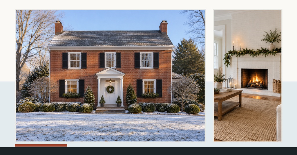 Two-panel real estate cover showing a brick colonial house exterior and a cozy living room fireplace.