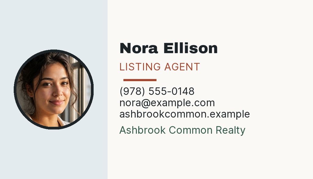 Landscape real estate contact card with agent photo, name, phone number, email, and brokerage.
