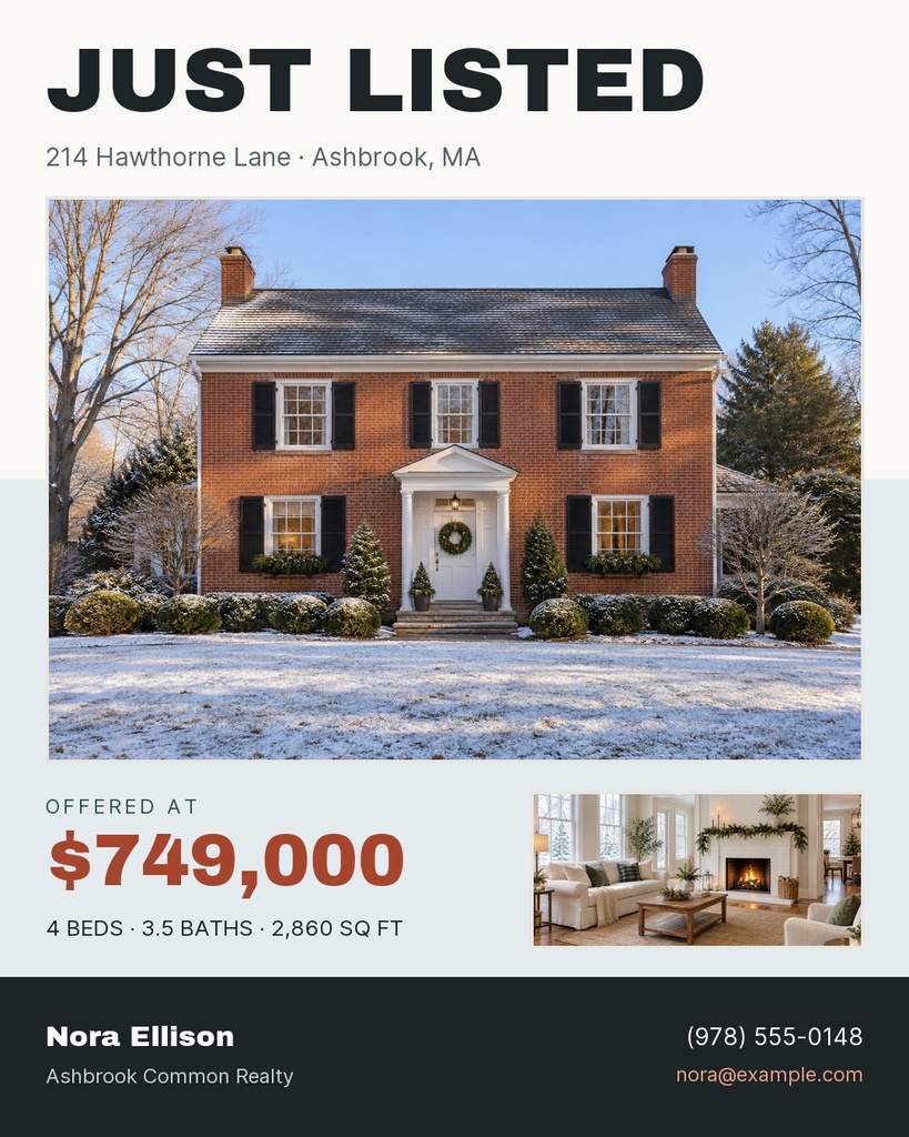 Portrait real estate post showing a colonial home, listing price, and agent contact details.