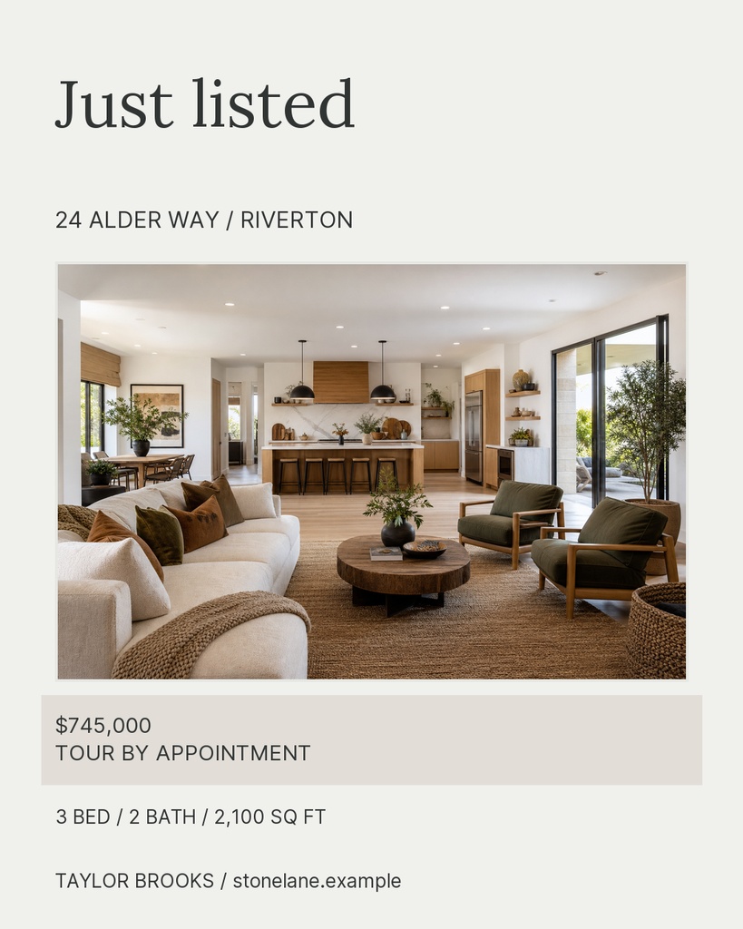 Just listed real estate post with home photo, price, address, and listing details in a portrait layout.