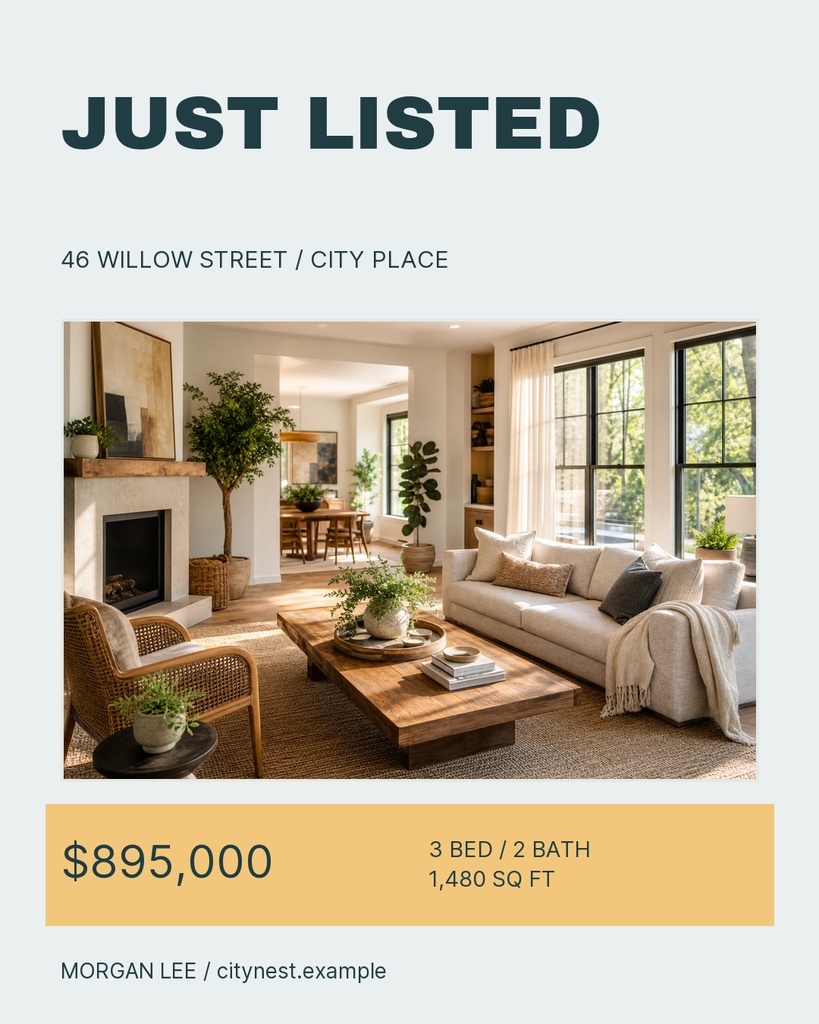 Portrait real estate template with a just listed headline, home photo, address, and listing price.