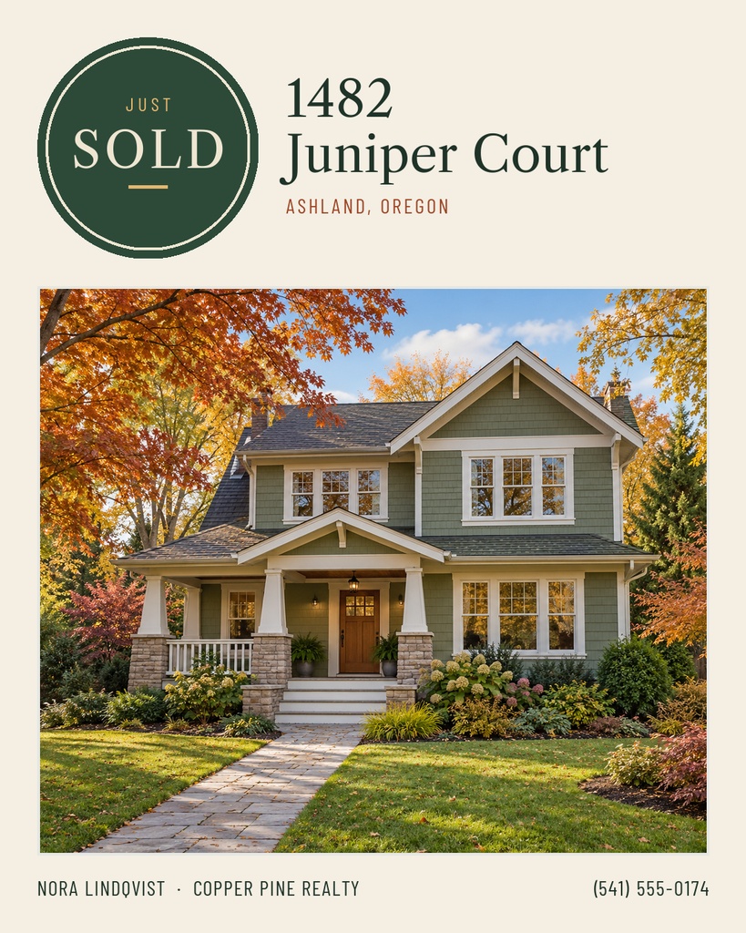 Portrait real estate post with a just sold badge above a house photo and Juniper Court address.