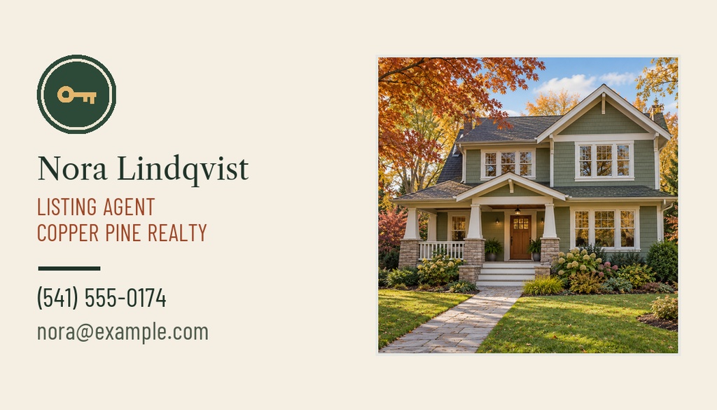 Landscape business card with a house photo, agent name, listing agent title, company name, phone number, and email address.