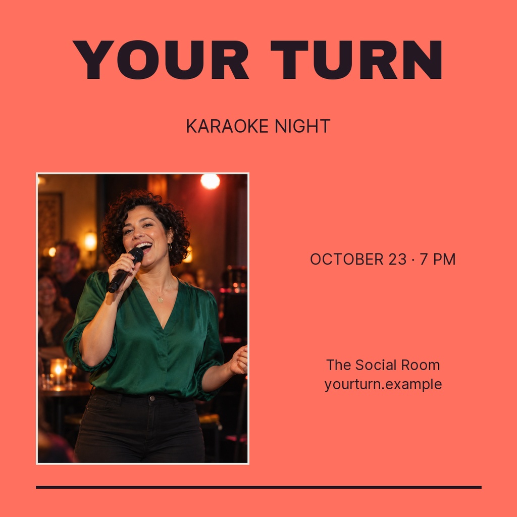 Coral square post with bold Your Turn text, karaoke night details, and a singer holding a microphone.