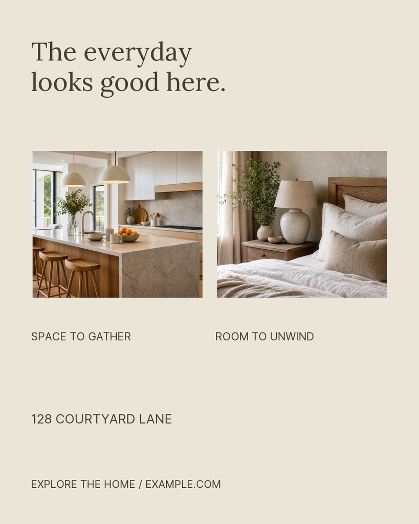 Portrait real estate carousel slide with beige background, two home photos, and text reading The everyday looks good here.