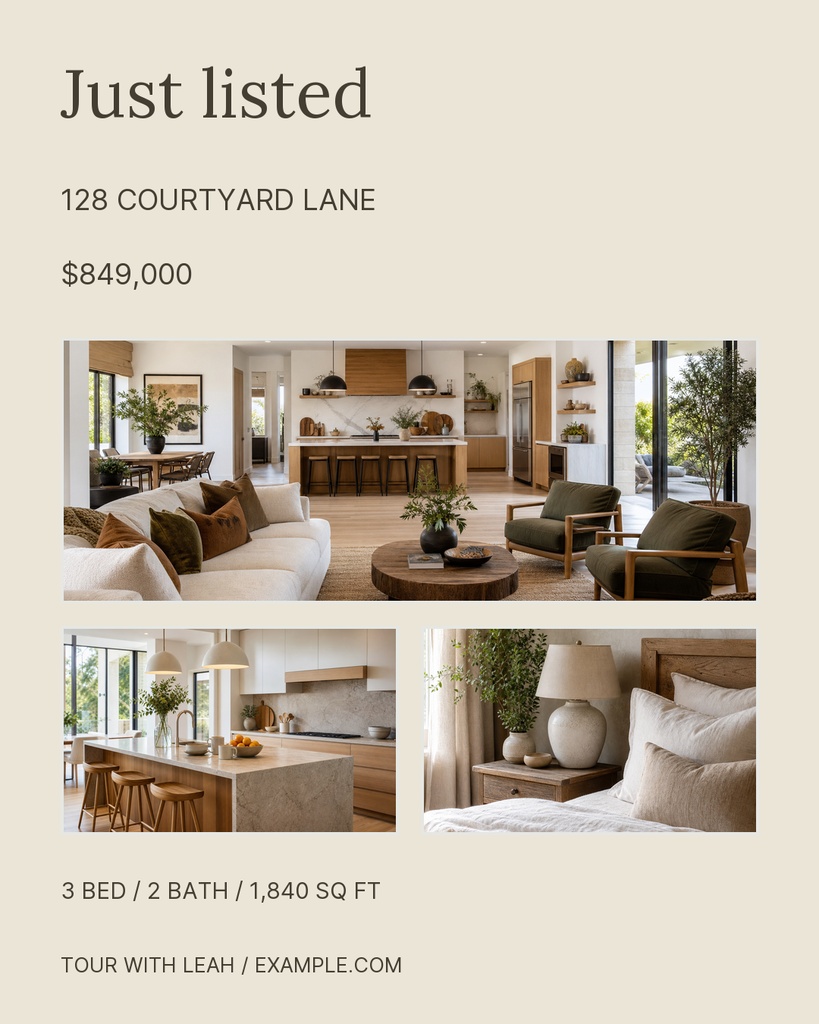 Portrait real estate post with just listed text, price, home photos, and property details.