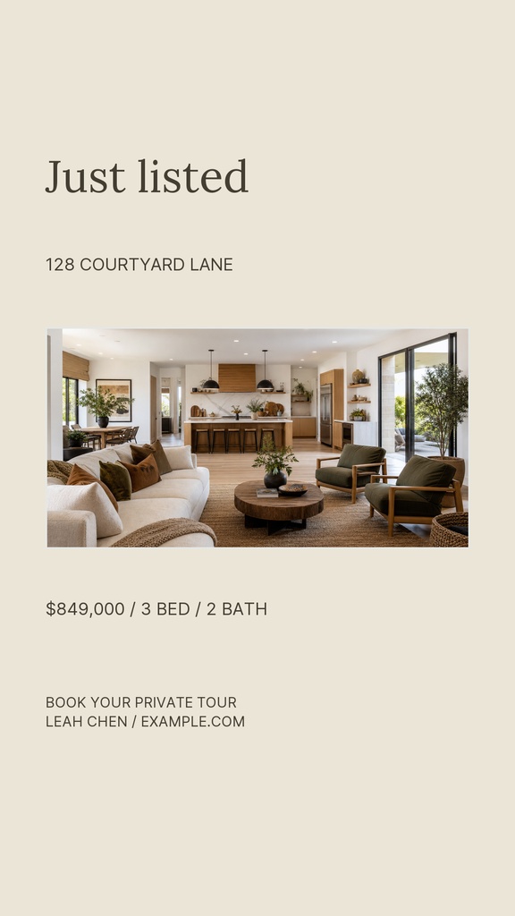 Portrait real estate story template with a living room photo, just listed headline, and property details