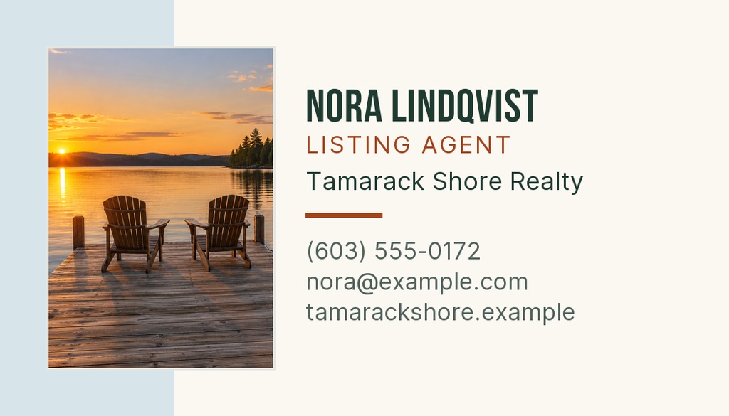 Real estate agent business card with a lake house sunset photo and contact details.